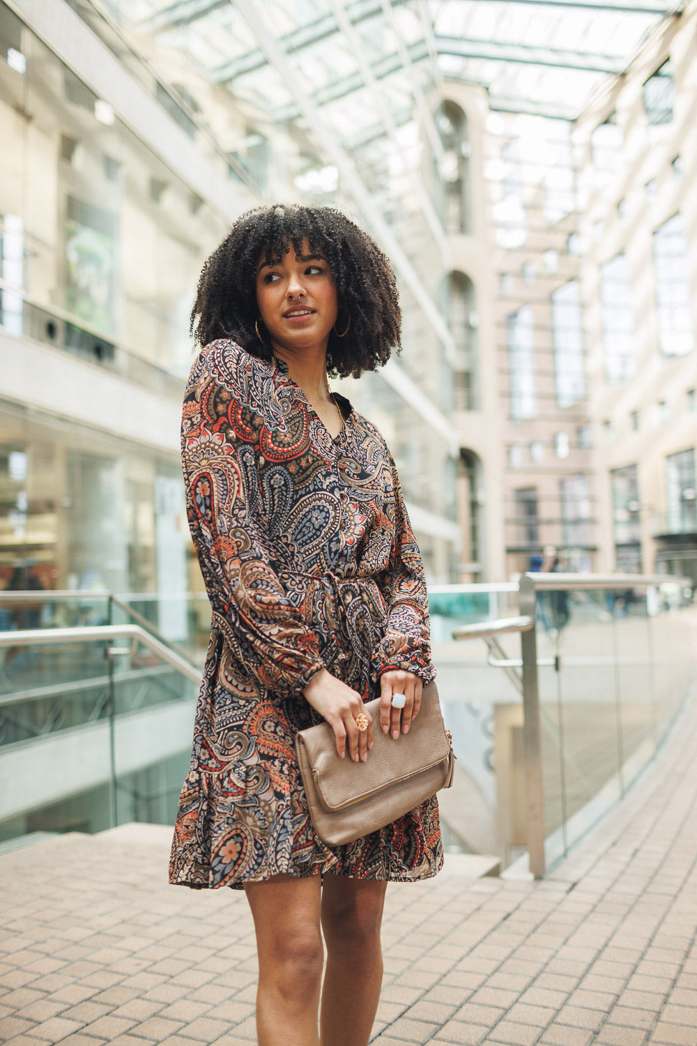 Paisley Long Sleeve Dress With Ruffle Ham & Tie