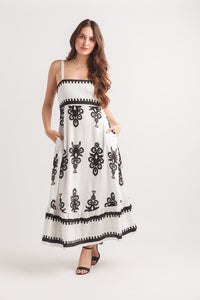 Boho Printed Sleeveless Dress W Smocked Back