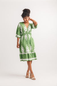1/2 Sleeve Boho Printed V Neck Dress With Pockets