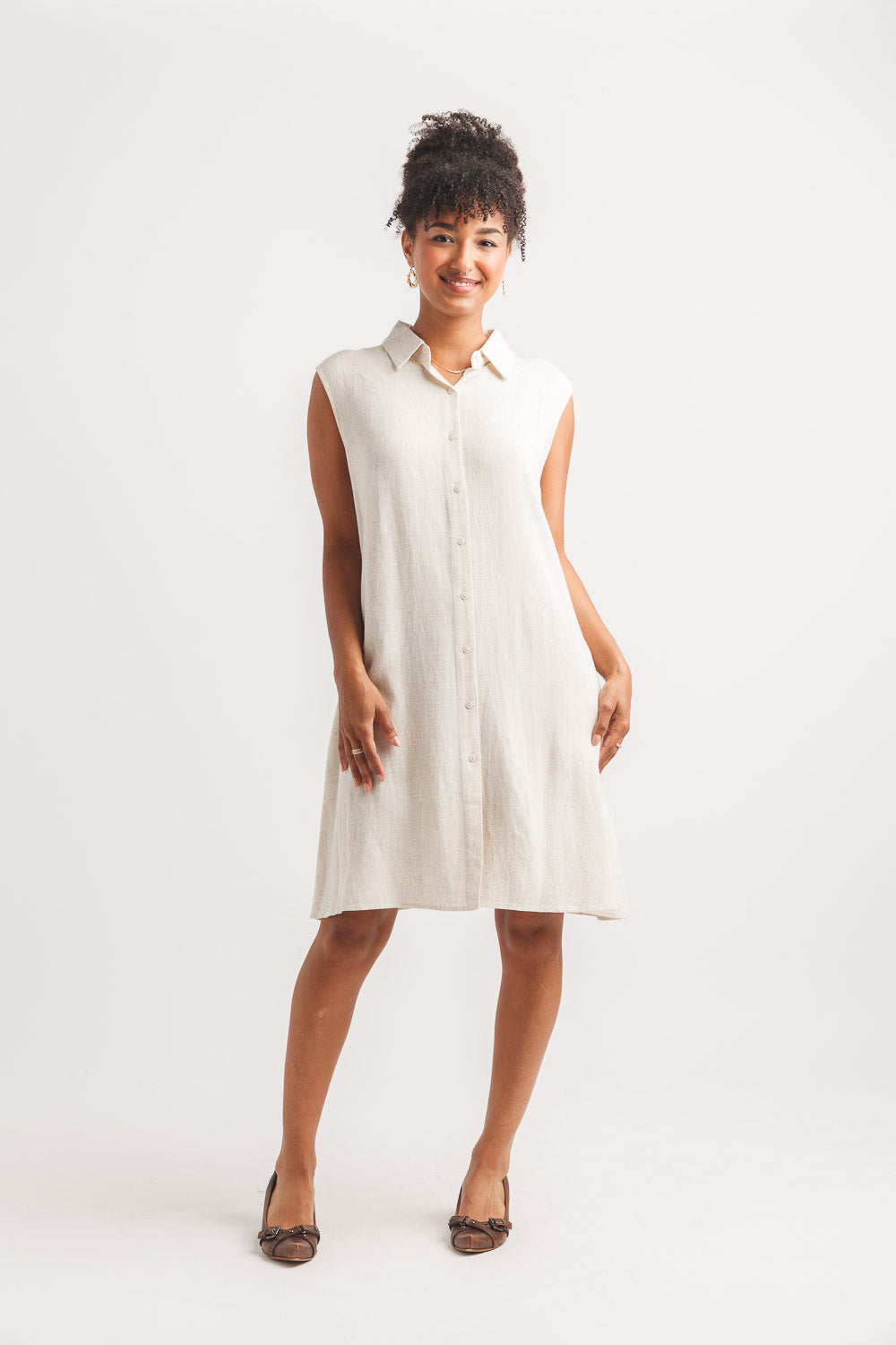 Linen Blend Collared Shirt Dress