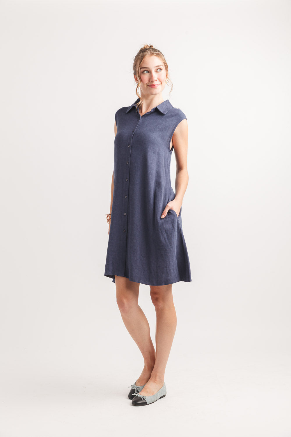 LINEN BLEND COLLARED SHIRT DRESS