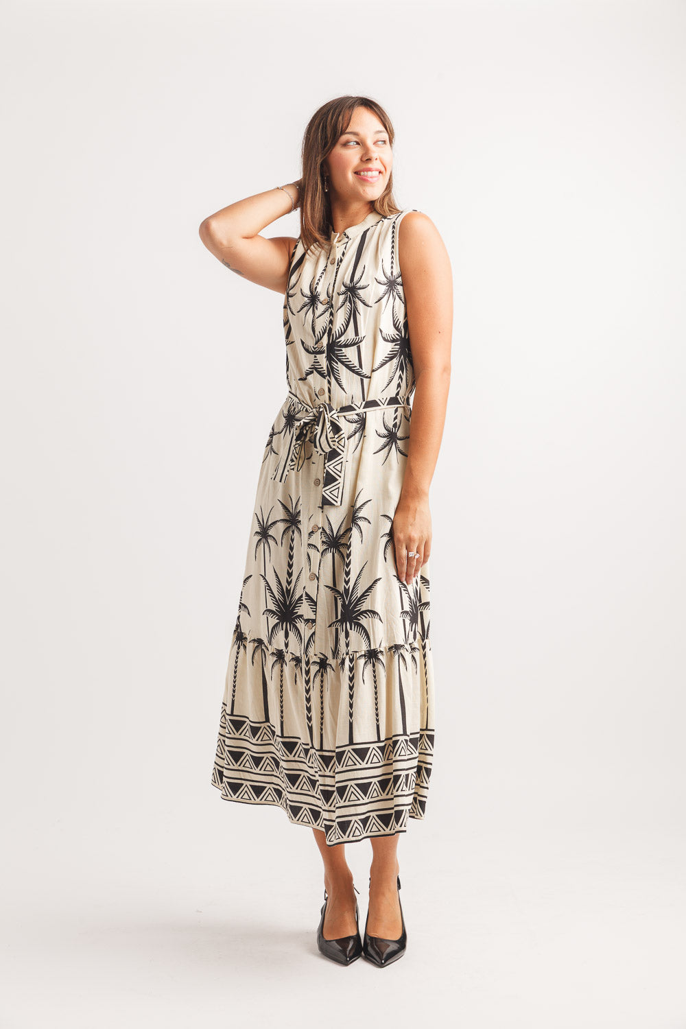 Palm Tree Print Shirt Dress with Tie Belt