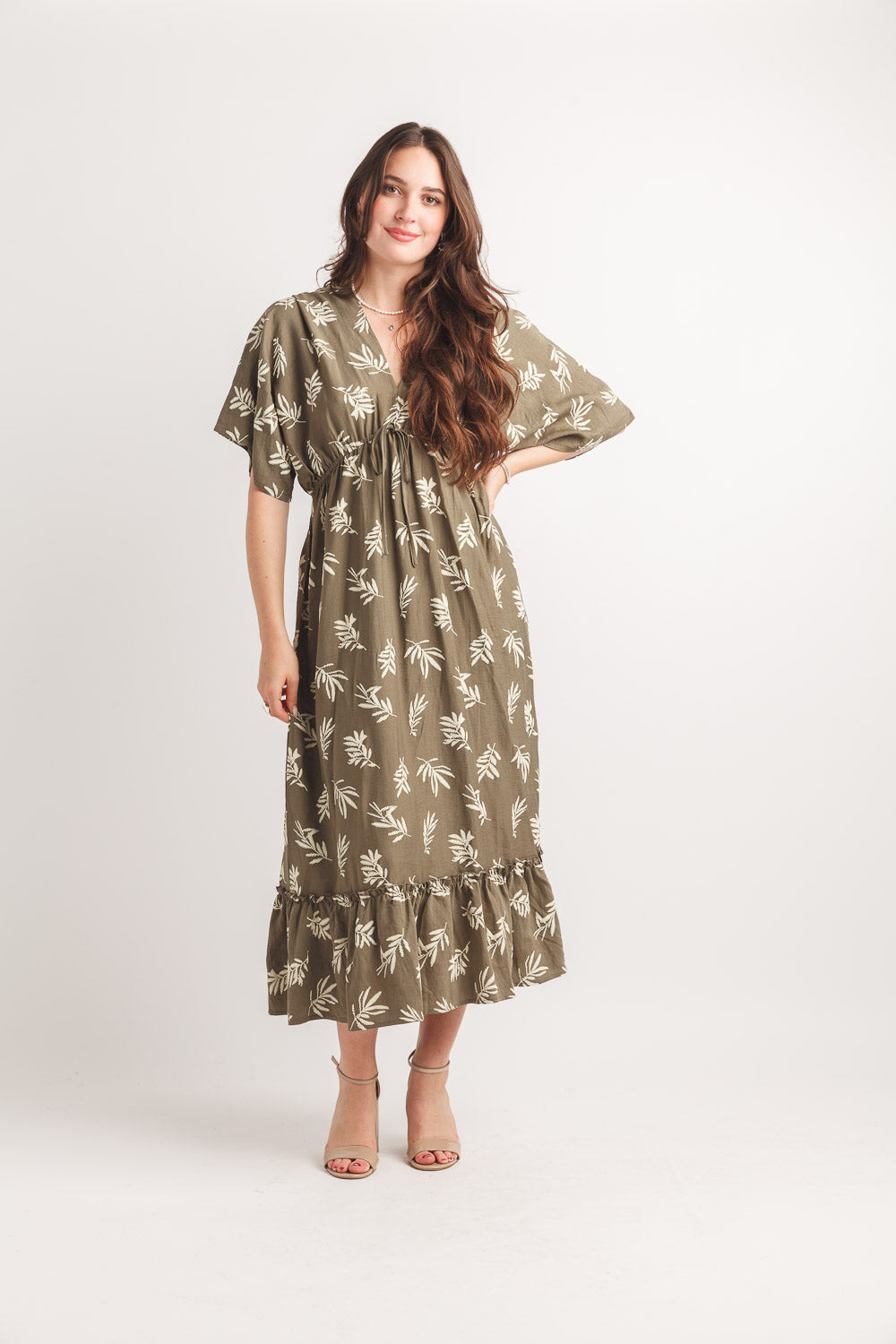 Rubber Print Extended Sleeve Maxi Dress W Elastic