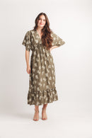 Rubber Print Extended Sleeve Maxi Dress W Elastic