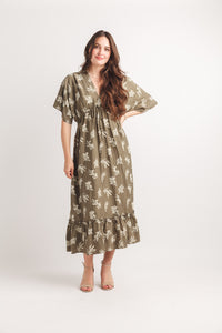 Rubber Print Extended Sleeve Maxi Dress W Elastic
