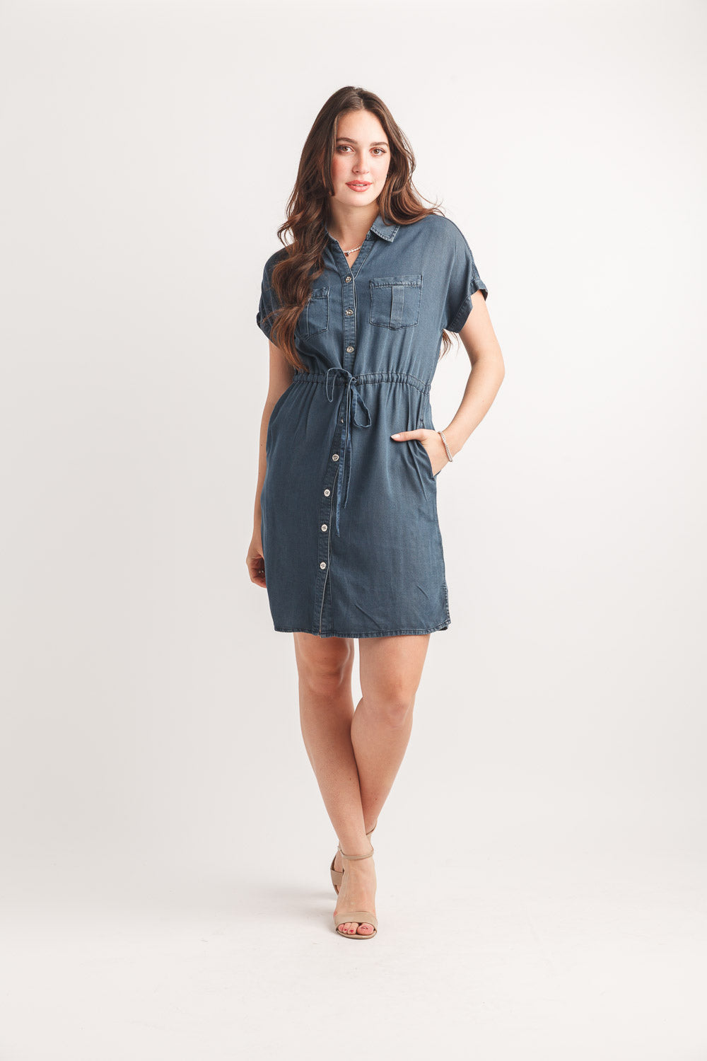 Collared  Shirt Dress With Pockets & Drawstring