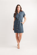 Collared  Shirt Dress With Pockets & Drawstring