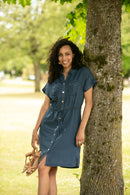 Collared  Shirt Dress With Pockets & Drawstring