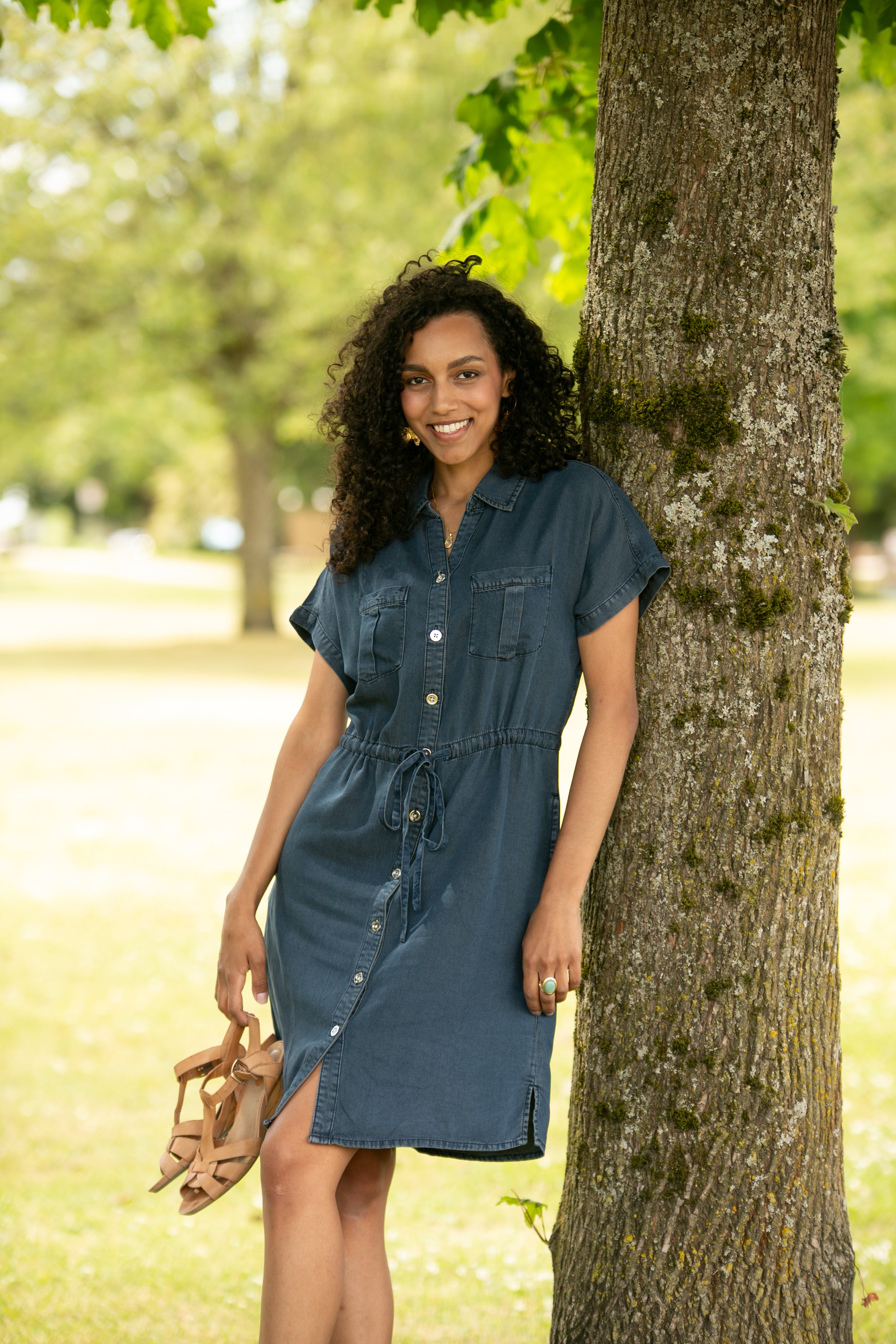 Collared  Shirt Dress With Pockets & Drawstring