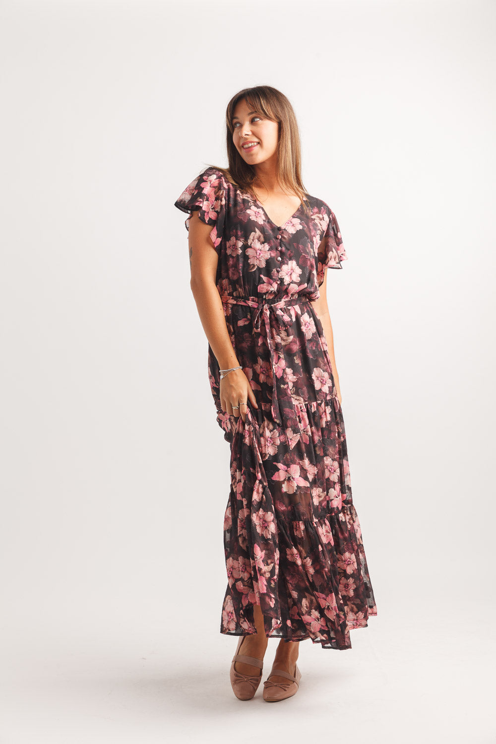 Floral Satin Burnout Tiered Maxi Dress