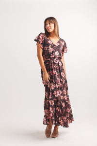 Floral Satin Burnout Tiered Maxi Dress