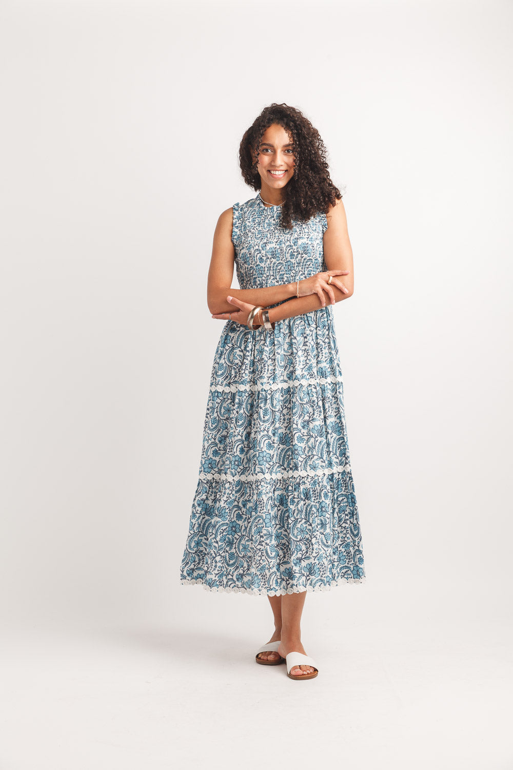 Floral Print Smocked Tiered  Maxi dress With Lace