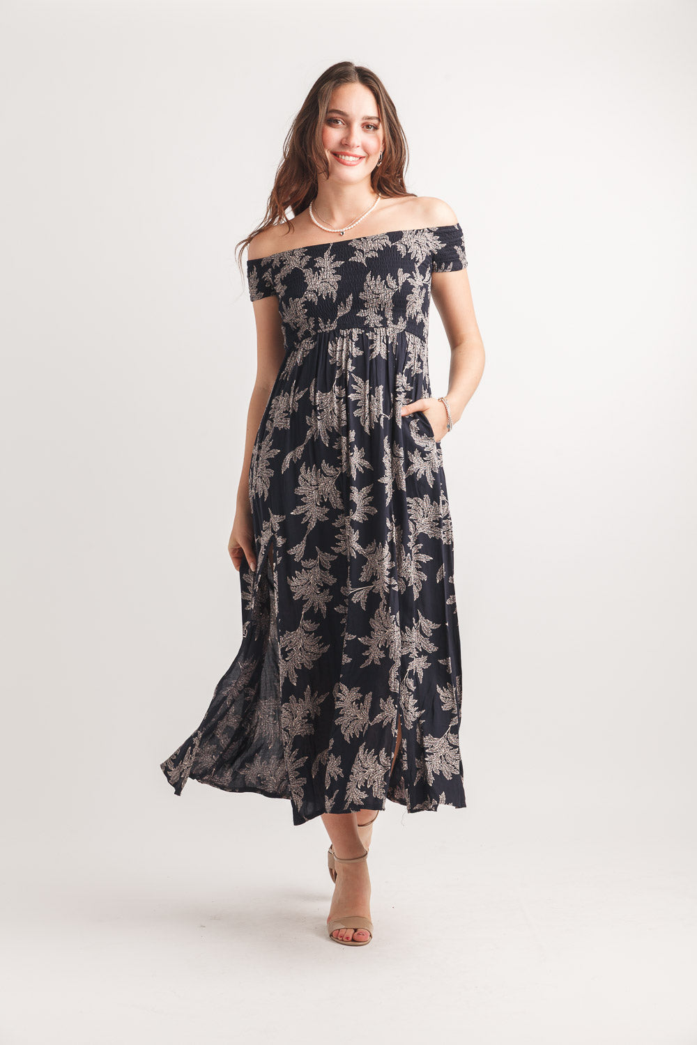 Leaf Print Smocked Off The Shoulder Maxi Dress