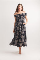 Leaf Print Smocked Off The Shoulder Maxi Dress