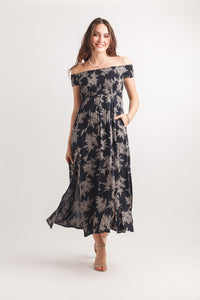 Leaf Print Smocked Off The Shoulder Maxi Dress