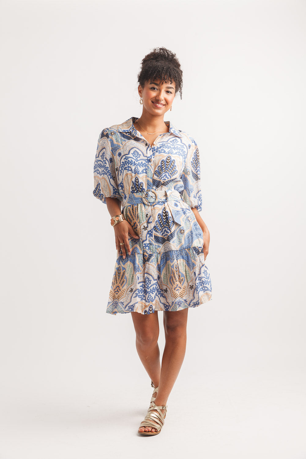 Boho Print Balloon Sleeve Button Front Dress with Belt