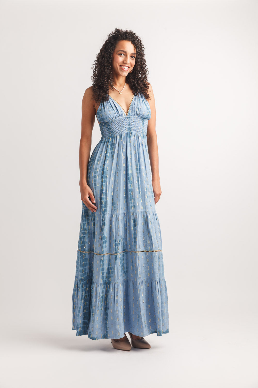 Tie Dye V Neck Maxi Dress W Metallic Detailing