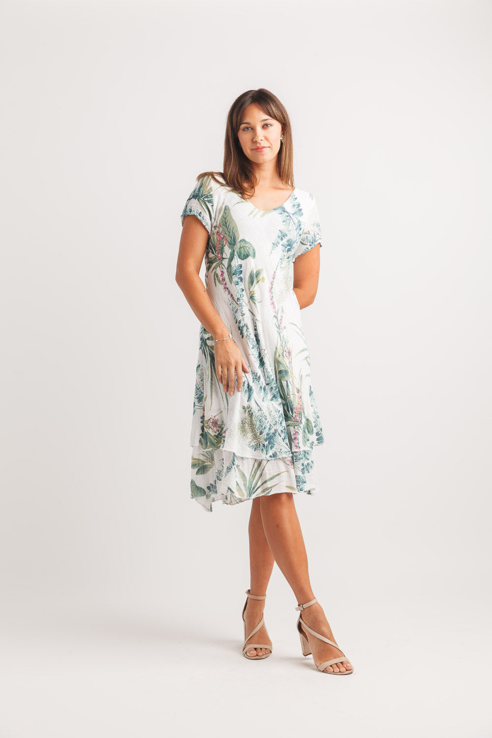 Garden Print Short Sleeve Bias Cut Layered Dress