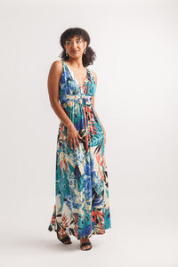 Tropical Printed Stretch Grecian Maxi Dress