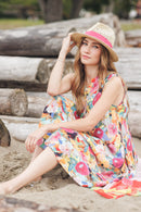 Abstract Floral Henley Swing Dress with Pockets