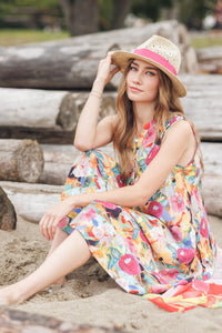 Abstract Floral Henley Swing Dress with Pockets