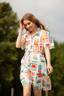 Puff Sleeve Button Up Postcard Print Dress