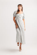 Gingham Puff Sleeve Dress W Elastic Back