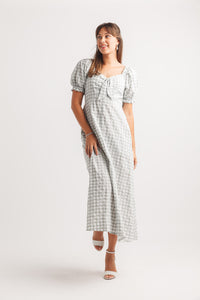 Gingham Puff Sleeve Dress W Elastic Back
