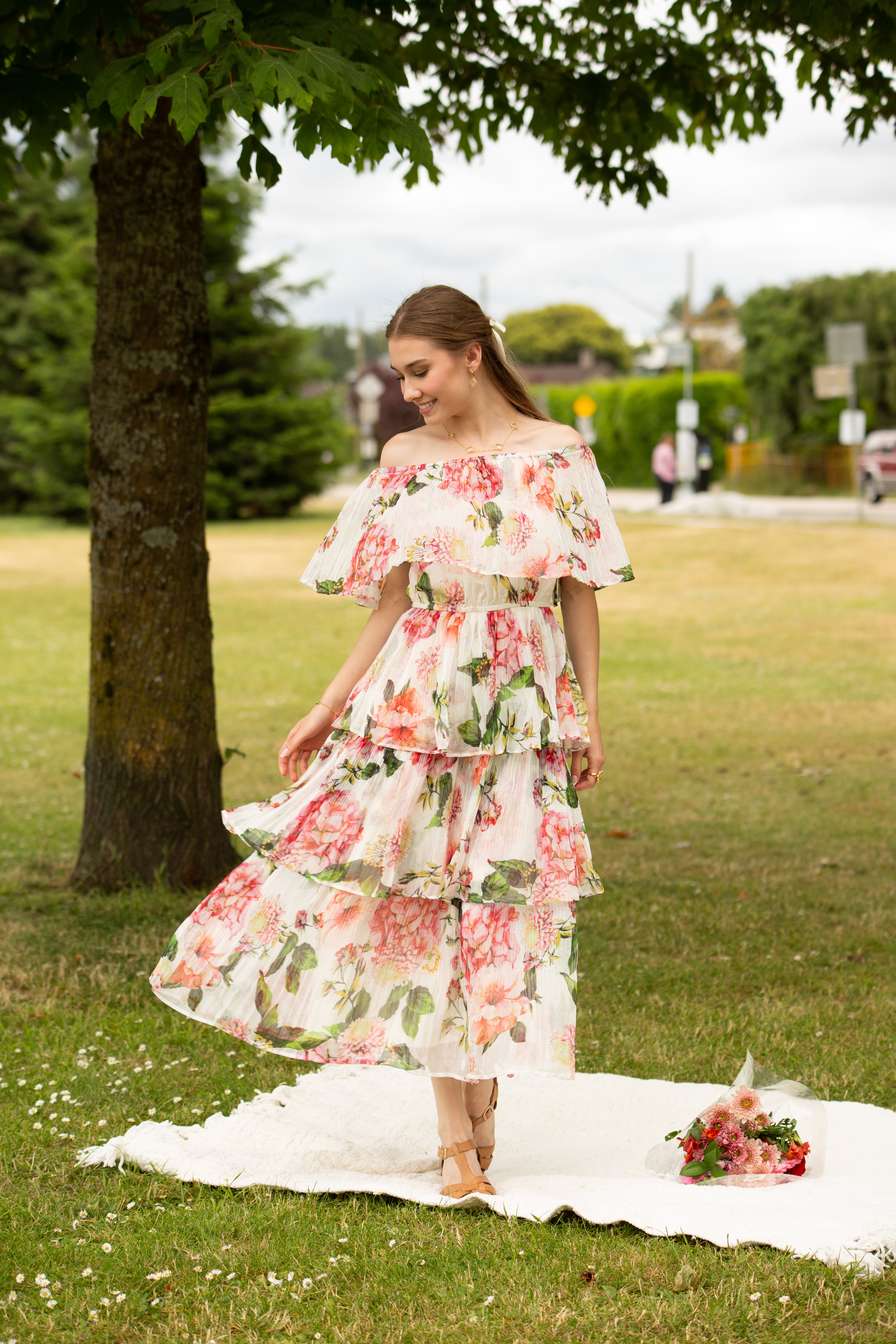 Floral Pleated Off the Shoulder Dress