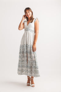 Embroidered Mirror Detail Border Print Maxi Dress