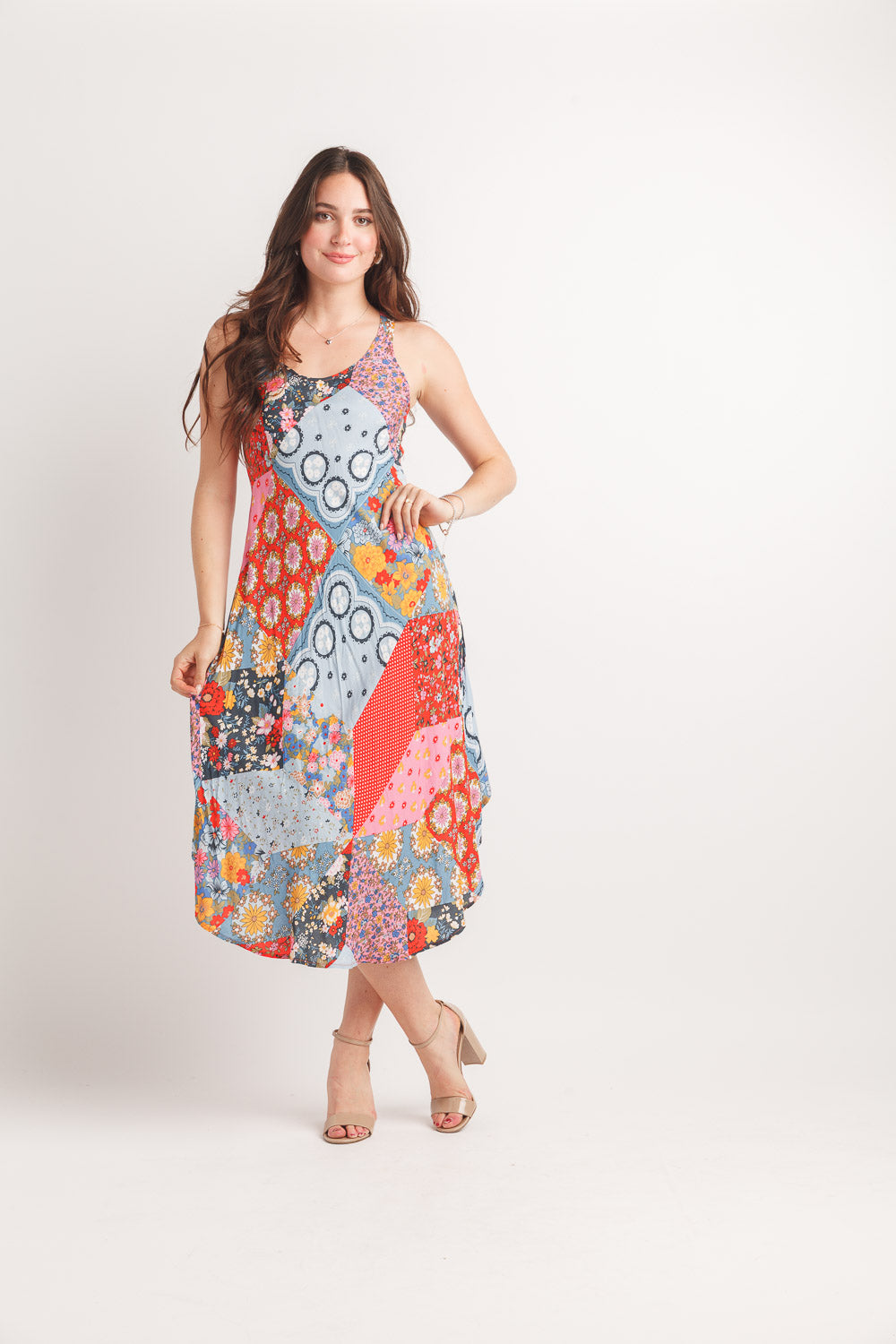 Patchwork Print Sleeveless Maxi Dress