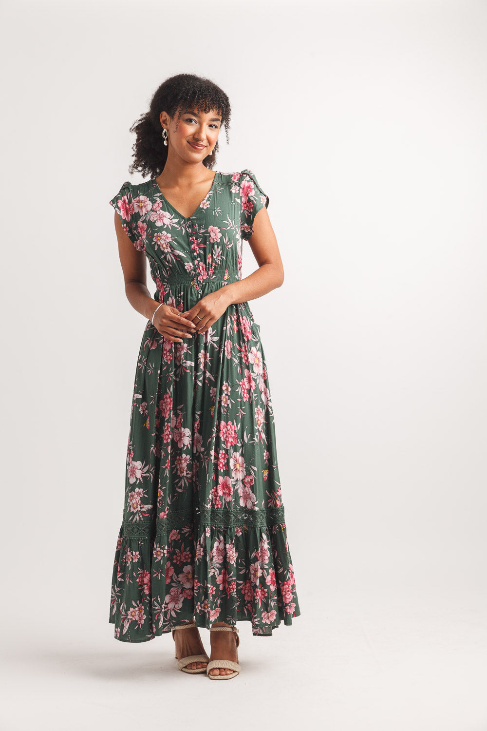 Floral Print Short Sleeve Button Front  Maxi Dress