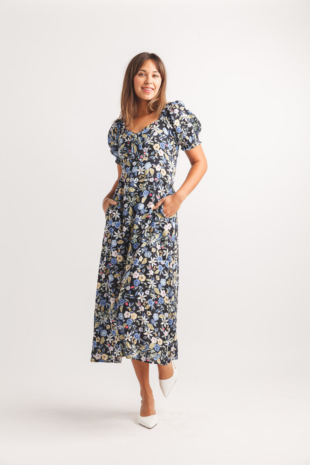 Floral Puff Sleeve Dress With Elastic