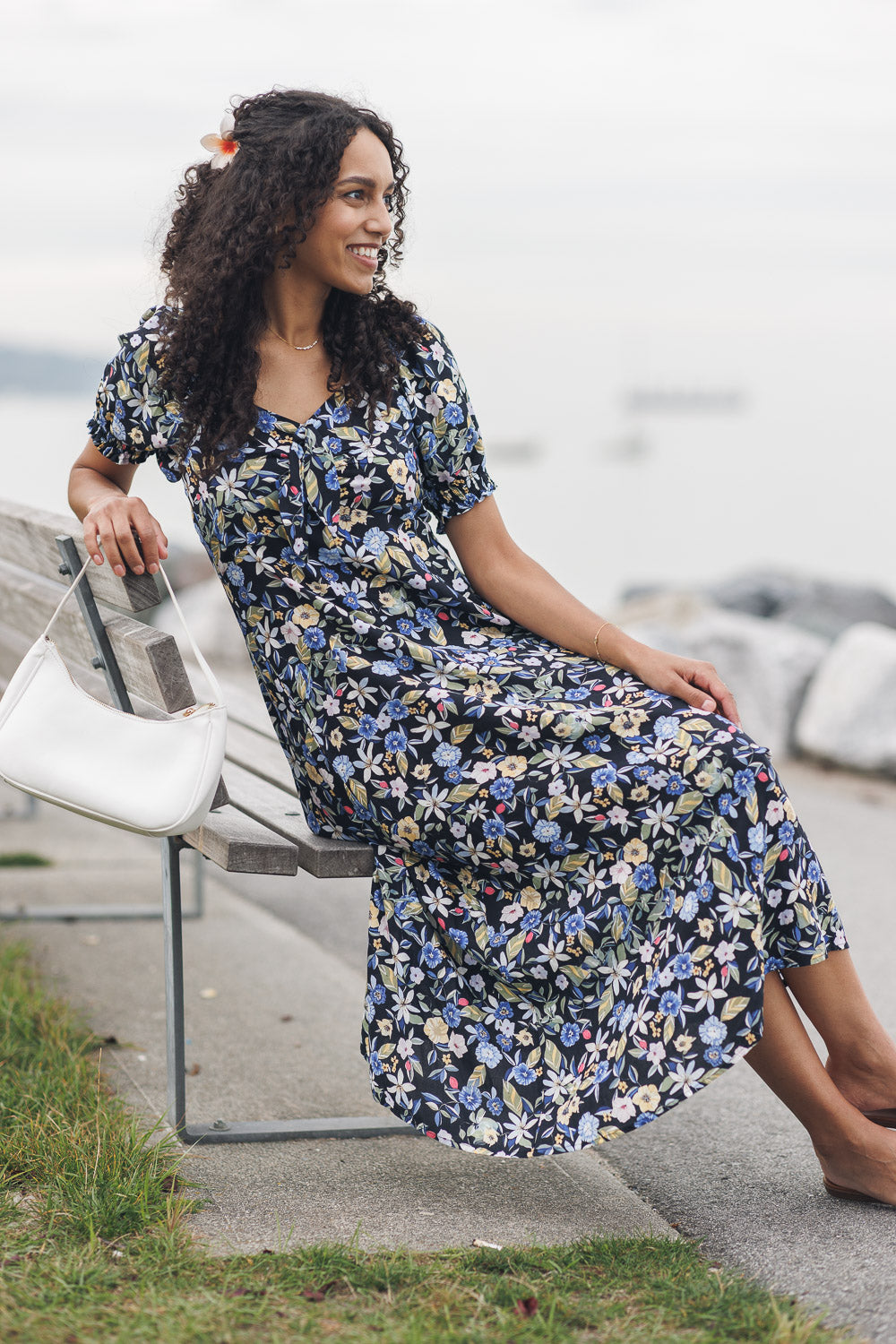 Floral Puff Sleeve Dress With Elastic