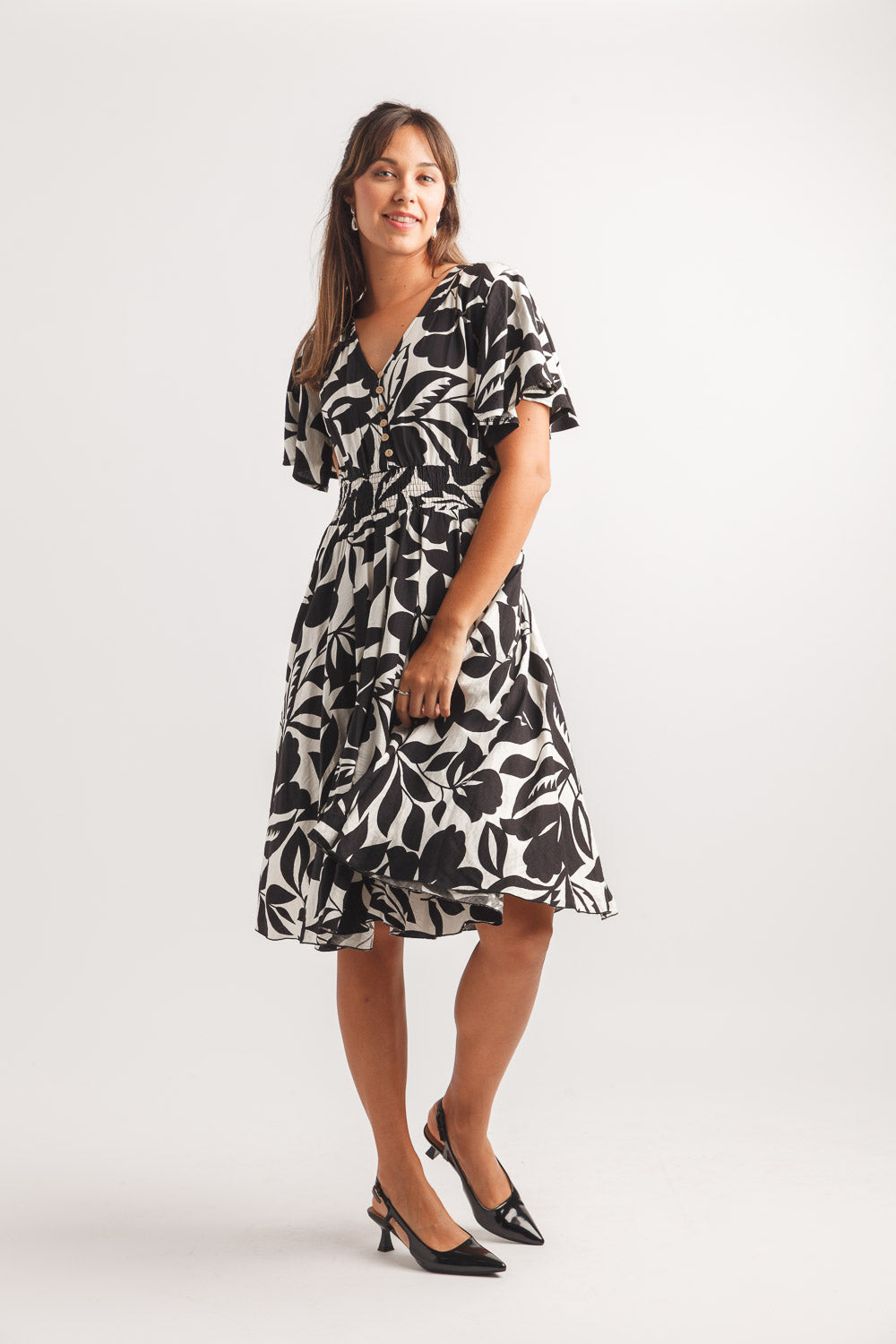 Floral Short Sleeve Henley Dress With Elastic Waist