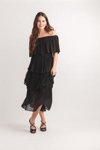 Pleated Off The Shoulder Layered Maxi Dress