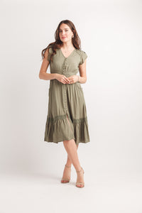 Short Sleeve Button Front Dress With Lace Inset