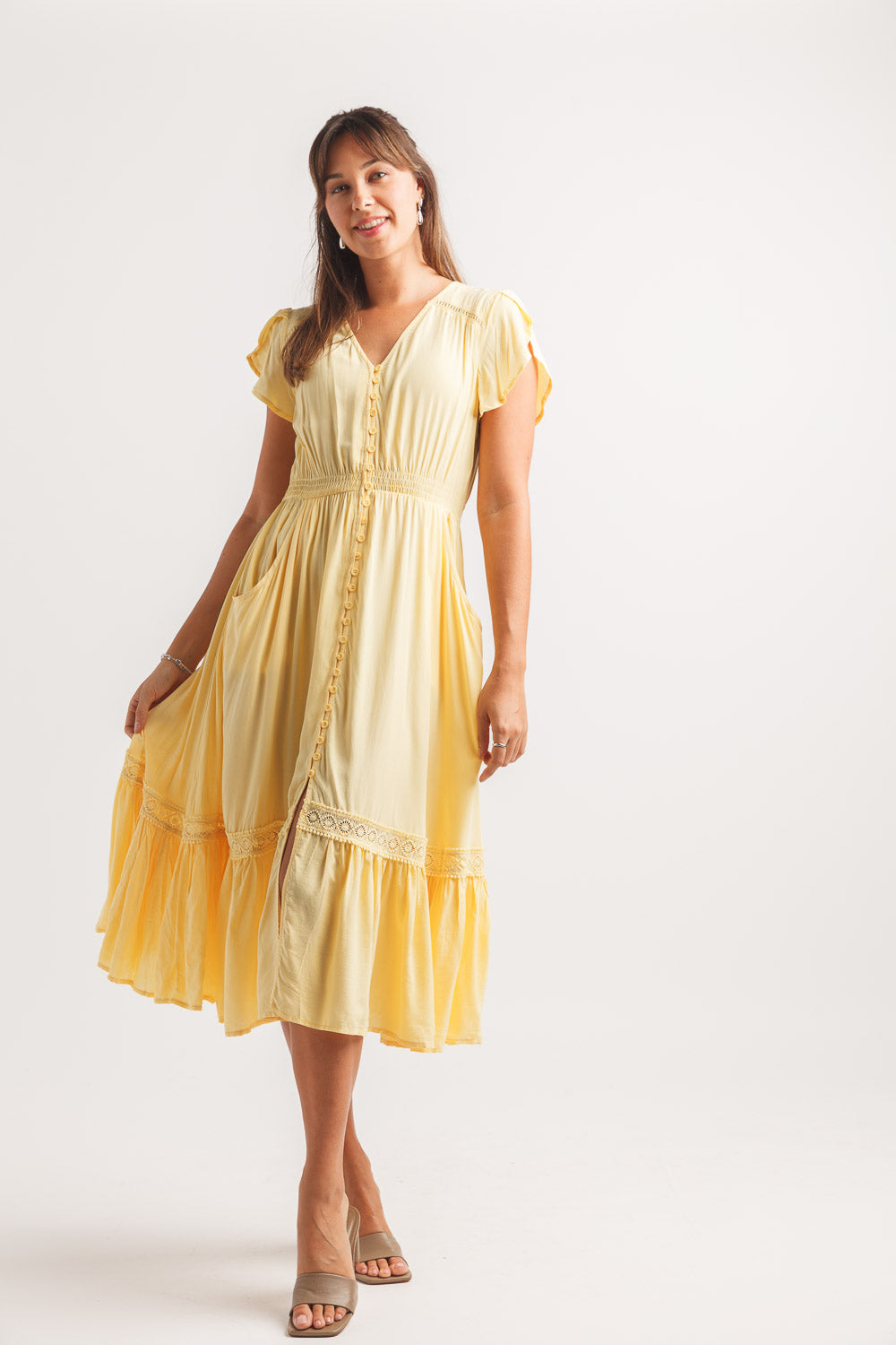 Short Sleeve Button Front Dress With Lace Inset