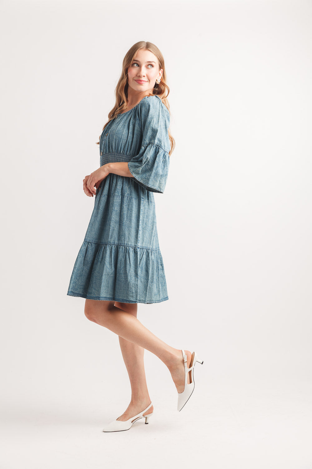 Tiered Bell Sleeve Denim Dress with Elastic Waist
