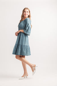 Tiered Bell Sleeve Denim Dress with Elastic Waist