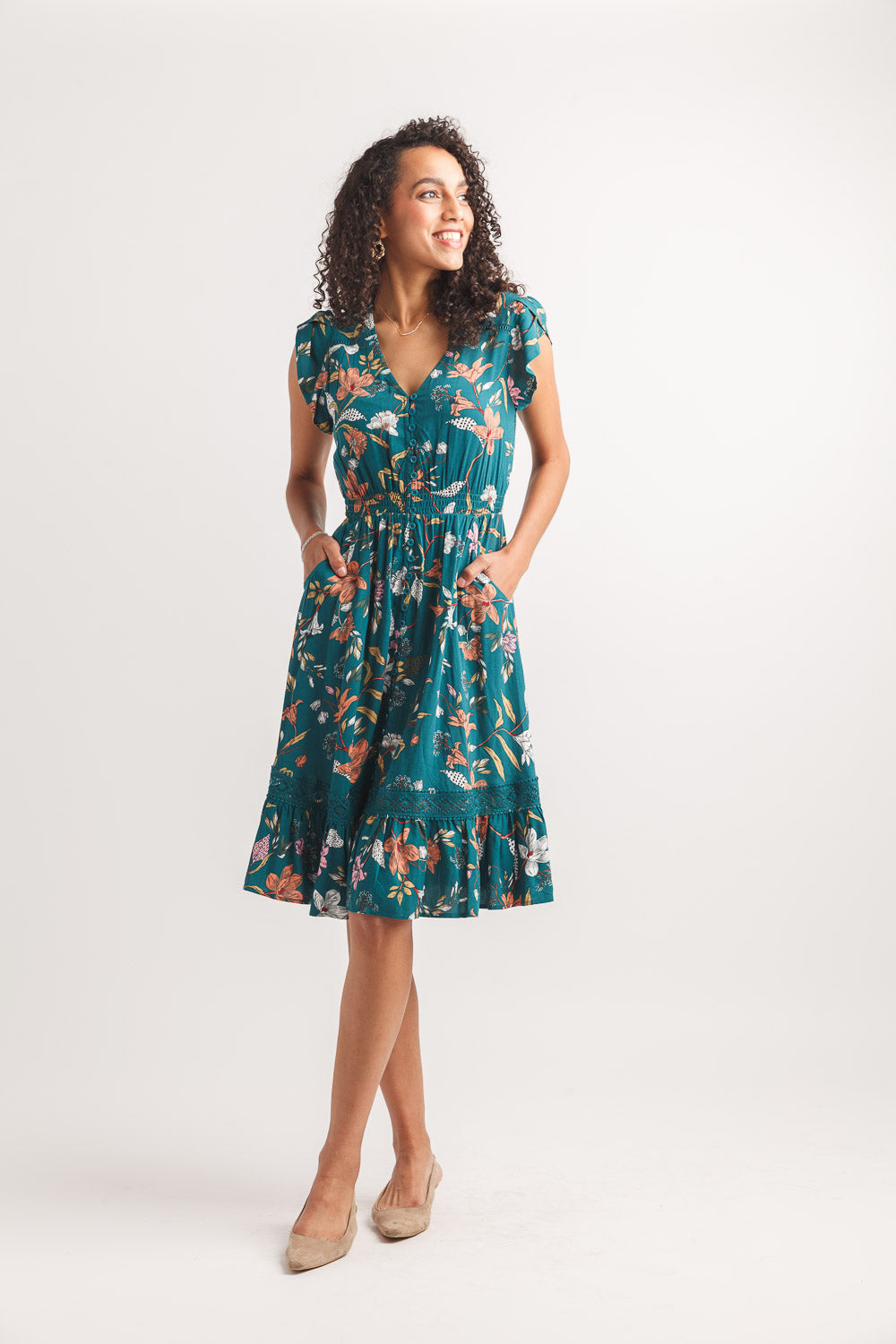 Short Sleeve Floral Dress With Lace Inset