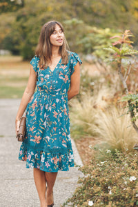 Short Sleeve Floral Dress With Lace Inset