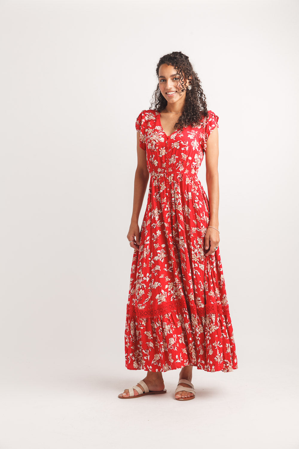 Short Sleeve Floral Maxi Dress With Lace Inset