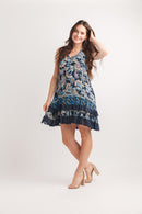 Paisley Border Print Crinkle Ruffle Hem  Dress