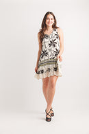 Tropical Print Crinkle Ruffle Hem Dress