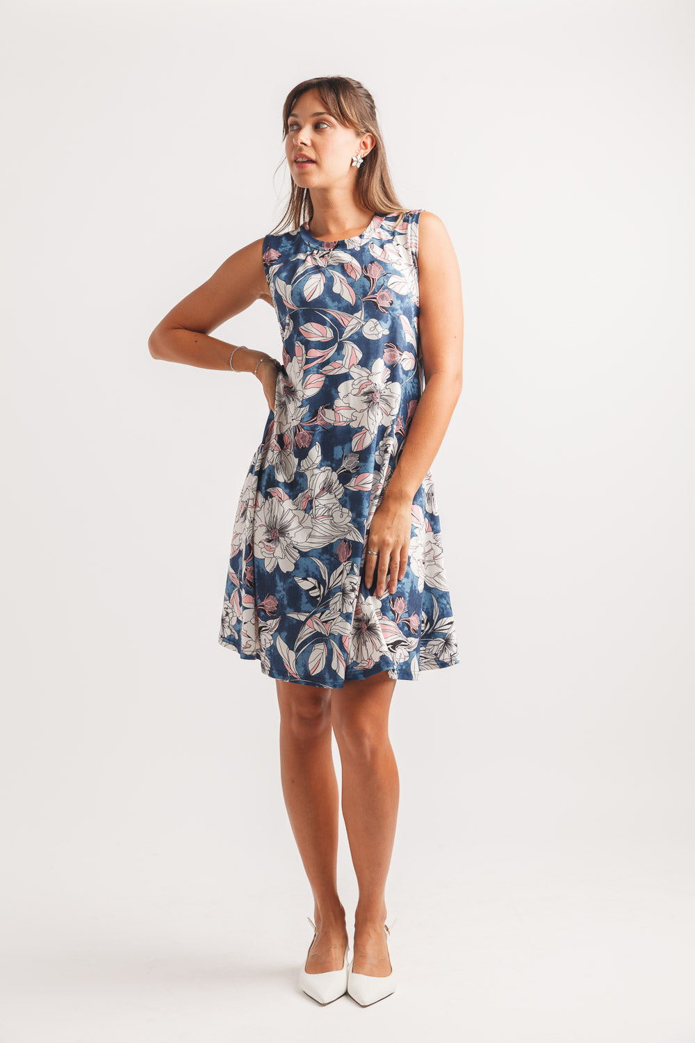 Floral Stretch Aline Swing Dress W Pockets