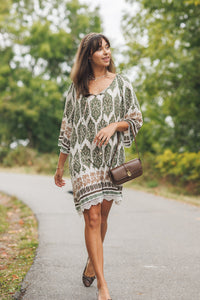 Damask Border Print Off The Shoulder Dress