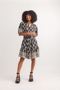 Damask Border Print Short Sleeve Button Front Dress