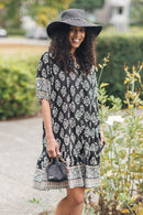 Damask Border Print Short Sleeve Button Front Dress