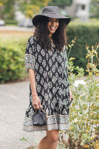 Damask Border Print Short Sleeve Button Front Dress